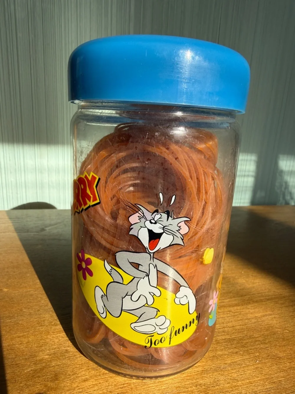 Quirky Retro Oddball Vintage Floral Cartoon Tom & Jerry Storage Jar w/ Blue Lid
